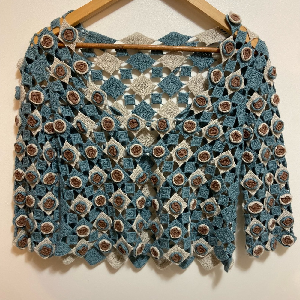 Crochet Floral Cardigan in Blue and Cream